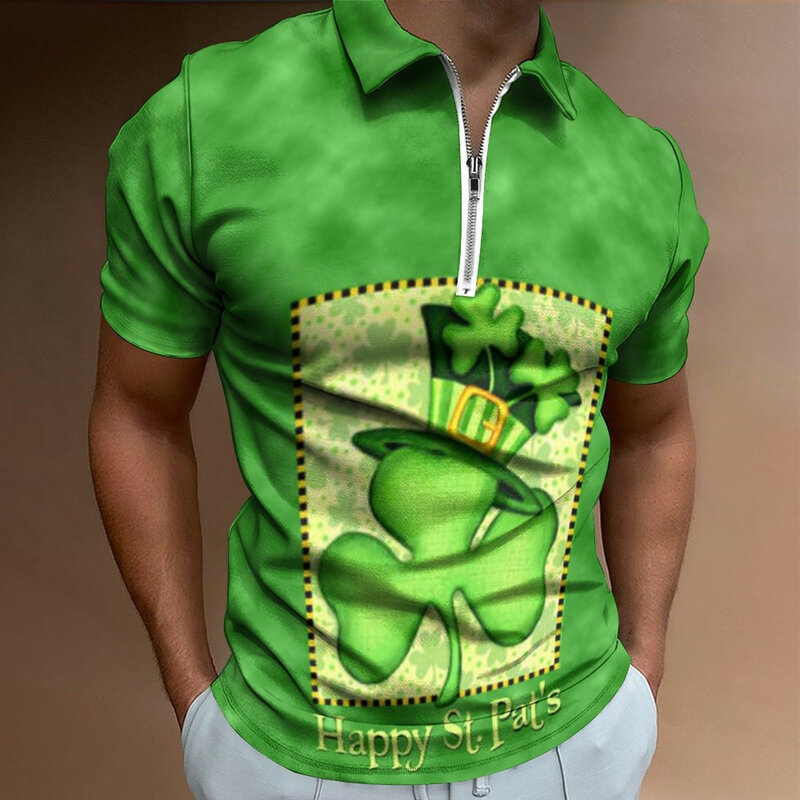 2xlt Shirts for Men Mens St Patricks Day Fashion Casual 3D Digital Print Lapel Zipper Short Sleeve Mens Clothes Fall Trendy