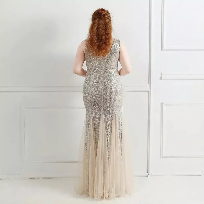 Spaduo gaun pesta ukuran besar wanita gaun panjang leher-v seksi payet gaun Prom malam Formal tanpa lengan