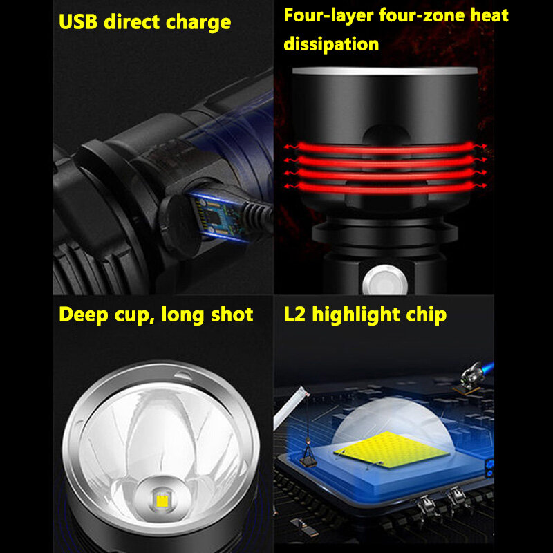 ZHIYU-슈퍼 강력한 LED 손전등 L2 P70 전술 토치, USB 충전식 방수 램프 울트라 브라이트 랜턴 캠핑