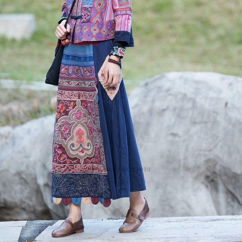 2024 chinese vintage long skirts patchwork flower embroidery cotton linen skirt elastic waist ethnic harajuku national skirt