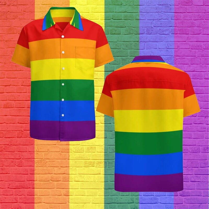 Camisa havaiana com estampa 3D arco-íris masculina, manga curta, camisas de praia Harajuku, blusa de botões de lapela, roupas masculinas