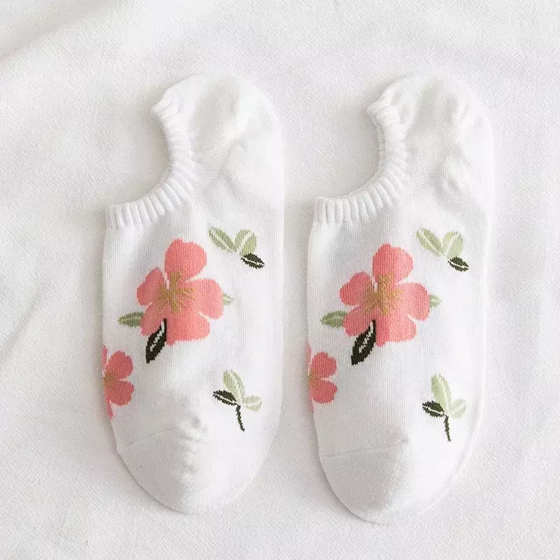 3 Pairs Japanese Kawaii Cute Sock Slippers Women Cotton Invisible No Show Socks Floral Print Silicone Low Cut Ankle Boat Socks