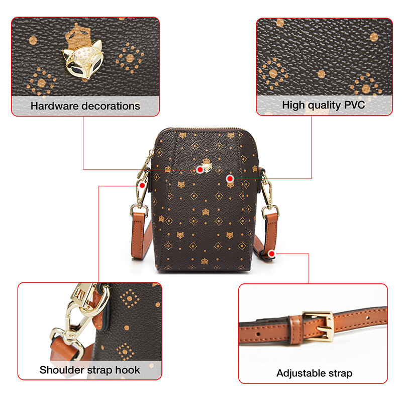 Женская коричневая сумка FOXER для сотового телефона с монограммой, винтажная сумка через плечо, дорожная сумка через плечо, женская кожаная сумка-мессенджер из ПВХ для покупок