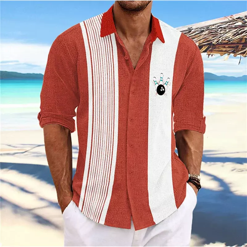 قمصان هاواي للرجال بأكمام طويلة ، نمط بولينج مخطط عتيق ، قمصان طية صدر عصرية ، فستان عطلة ،