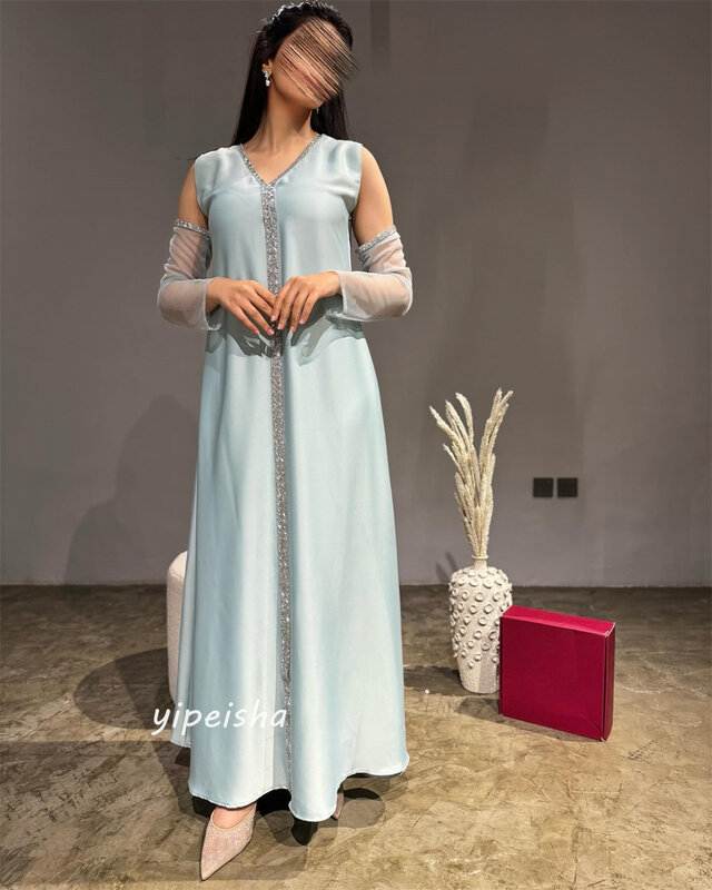 Платье для выпускного вечера Саудовская Аравия атласное с бисером ТРАПЕЦИЕВИДНОЕ с V-образным вырезом на заказ платье миди es