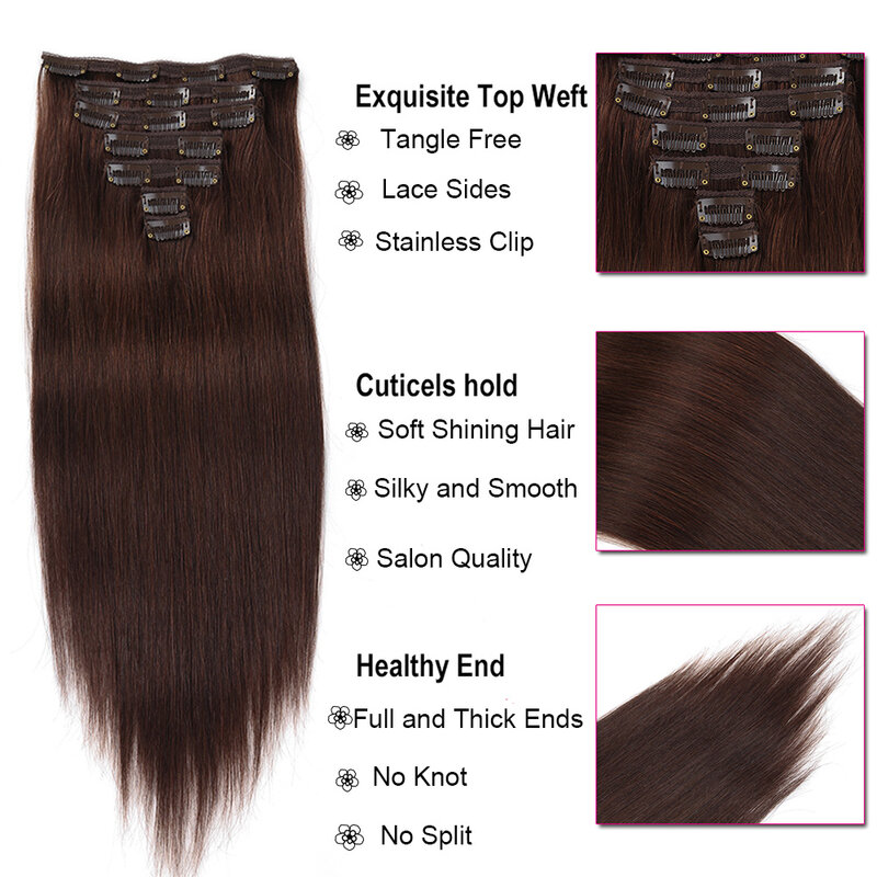Straight Lace Side Clip In Hair Extensions Human Hair Real Remy Hair Dark Brown Color Full Head Balayage Bralizian Hair  7Pcs