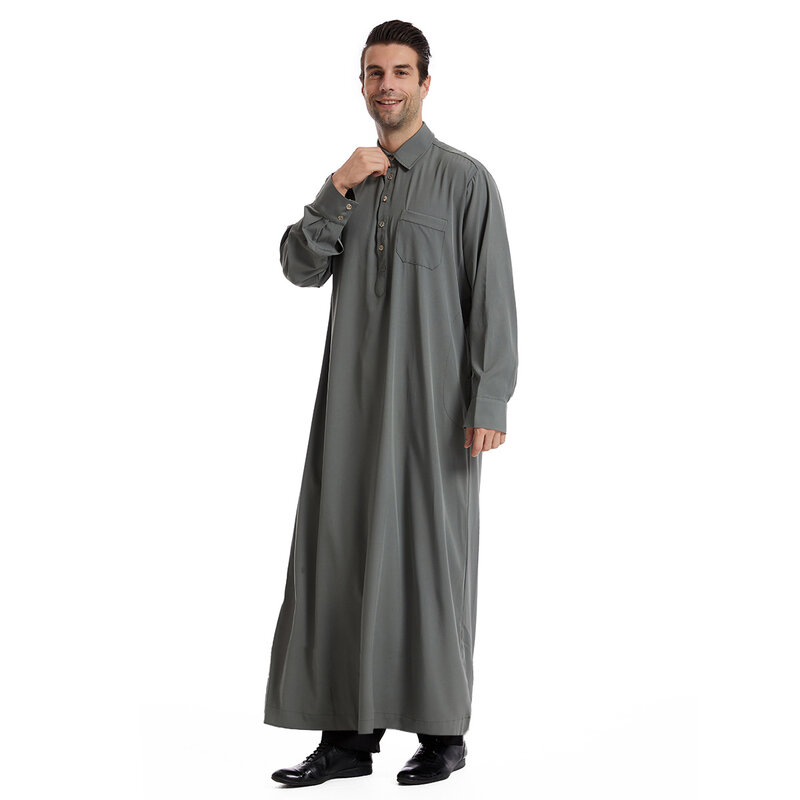 Moda muzułmańska muzułmańskich mężczyzn na Bliskim Wschodzie z długim rękawem arabski wycięcie pod szyją islamski jednolity kolor Kaftan Maxi Dubai Long Jubba Thobe Abaya