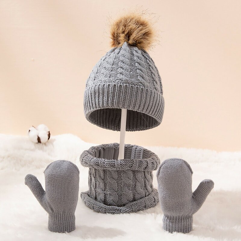 Set sarung tangan syal topi anak-anak musim dingin hangat leher bergaris bulu rajut sarung tangan untuk balita laki-laki perempuan sarung tangan Set syal