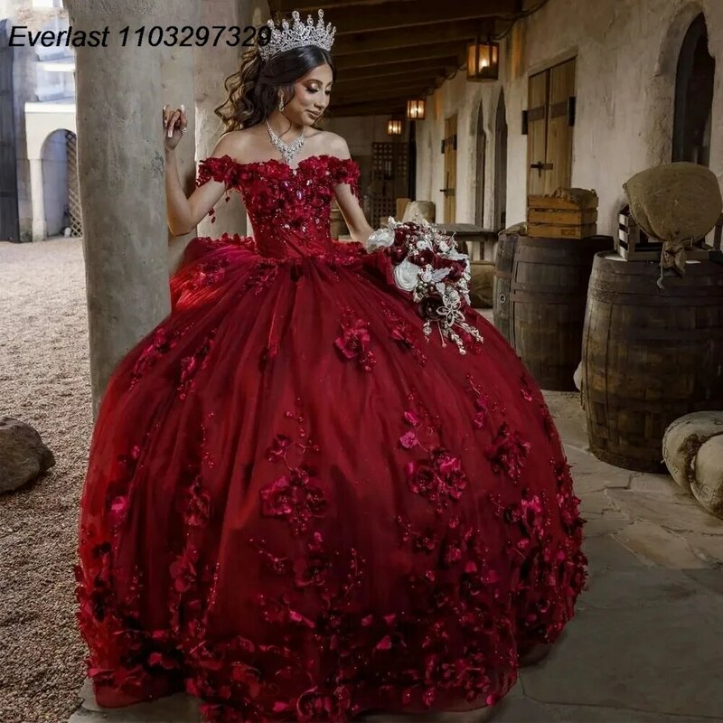 EVLAST Princess borgogna Quinceanera Dress Ball Gown 3D Floral Applique Beads corsetto messicano Sweet 16 Vestidos De 15 Anos TQD836