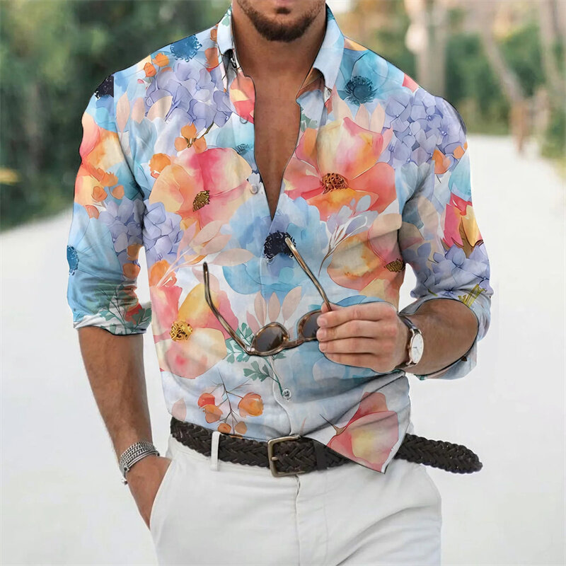 Рубашка мужская с длинным рукавом, винтажная блузка с цветным 3d-рисунком бабочек, с длинным рукавом, с принтом, Весенняя модель