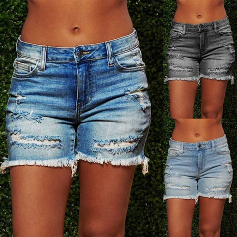 Shorts jeans rasgados com borla para mulheres, shorts jeans de cintura alta, botões, streetwear sexy rave, verão, 2023