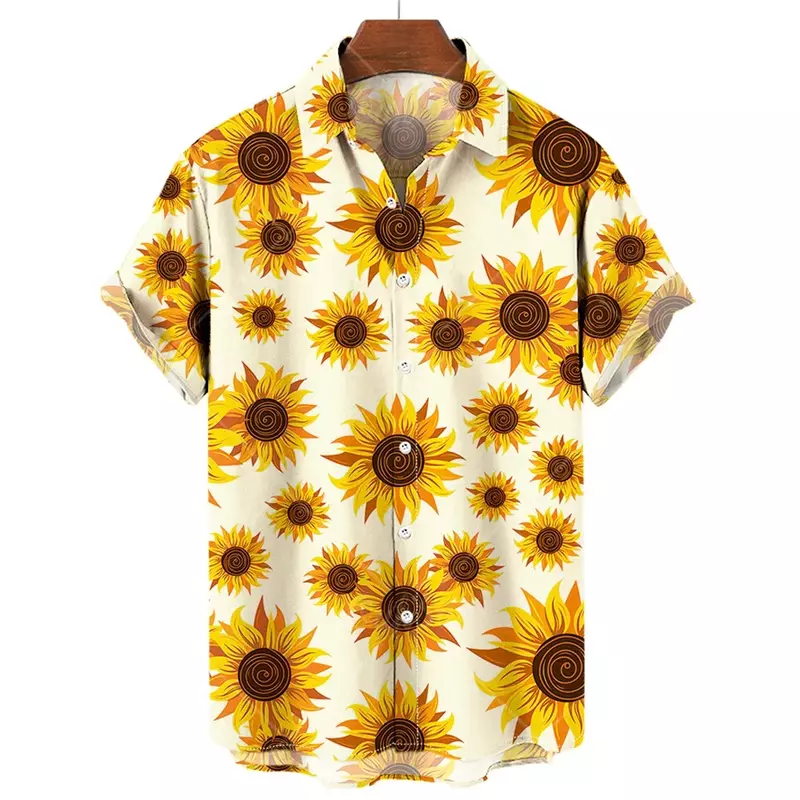 メンズサンシャインヒマワリプリントハワイアンビーチスタイル半袖シャツ、ルーズカジュアルシャツ、ラージサイズ、新、2023