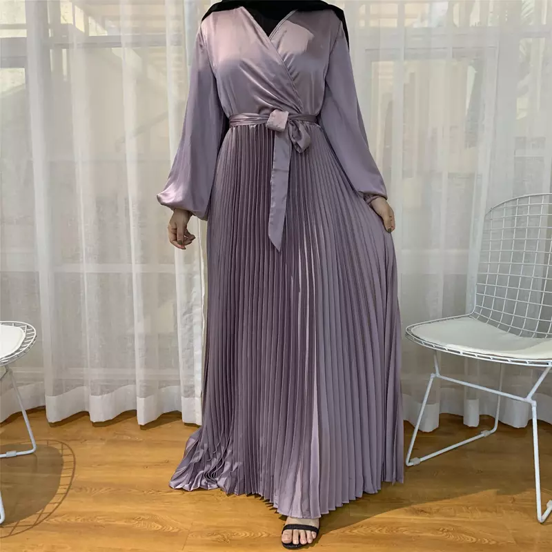 Dubai abayas-女性用プリーツドレス,シンプル,無地,レースアップ,イスラム教徒,パッチワーク