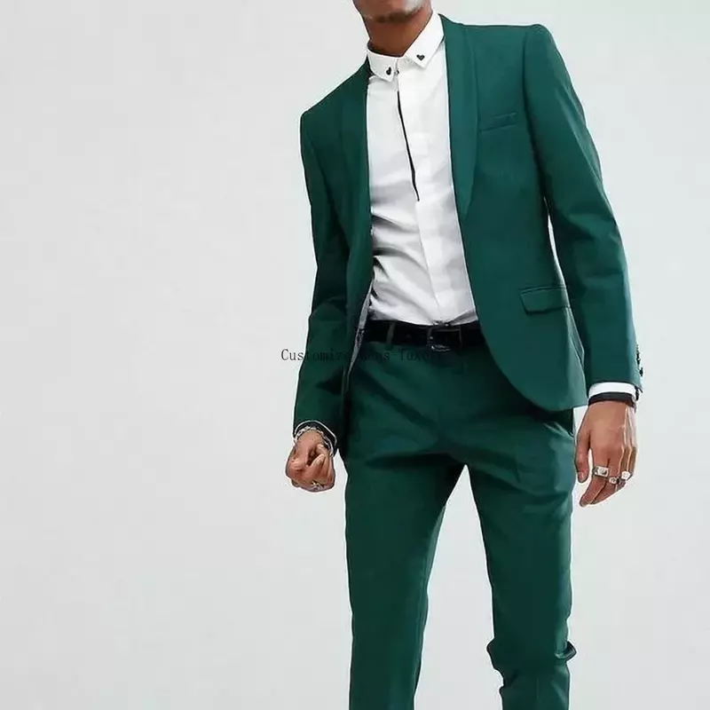 Shawl Lapel Suits for Men Dark Green Fashion Formal Casual Graduation Suits Party Prom Wedding Groom Tuxedo 2 Piece Set