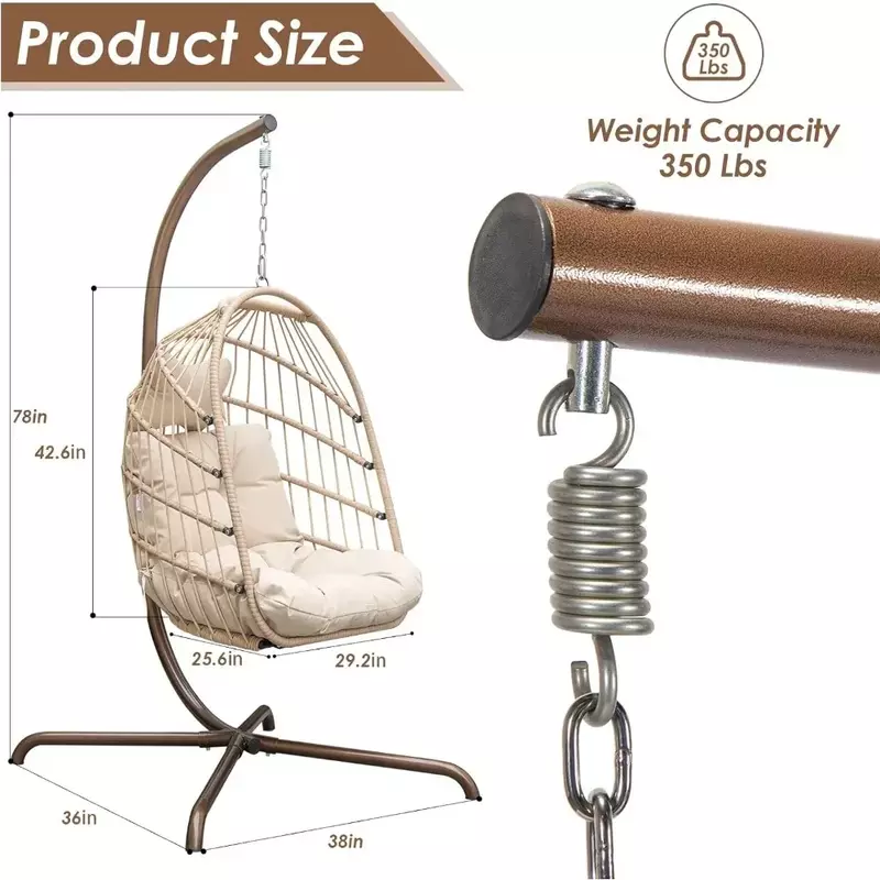 Egg Chair,with Stand Outdoor Swinging Egg Chair with Water Resistant Cushions PE Rattan Wicker Egg Chair Foldable Basket