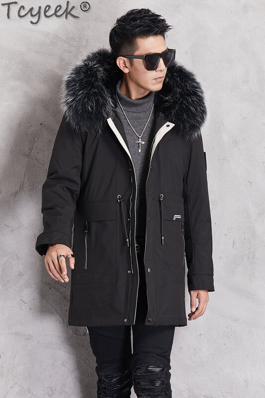 Мужская зимняя куртка средней длины, со съемным мехом енота
