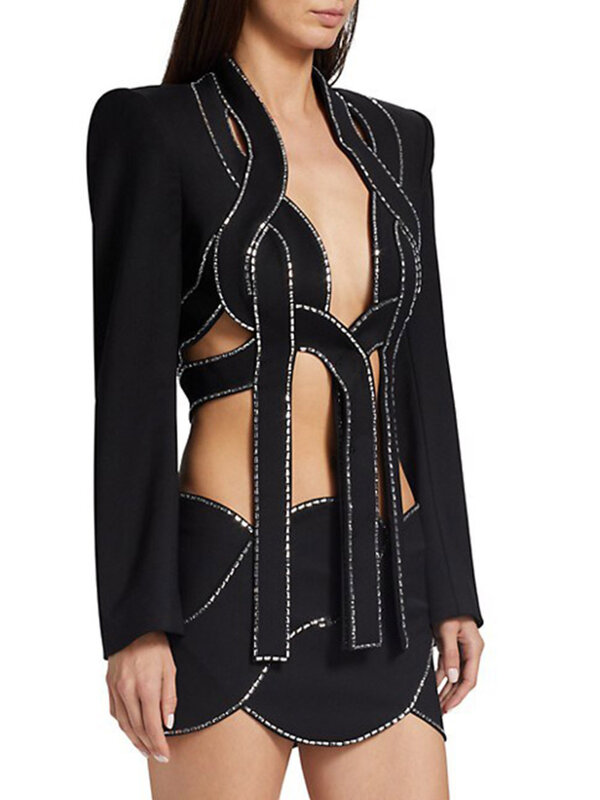 BEVENCCEL 2023 новый женский роскошный бриллиантовый полый костюм комплект из 2 частей элегантный наряд с длинным рукавом юбка бандажный Женский комплект