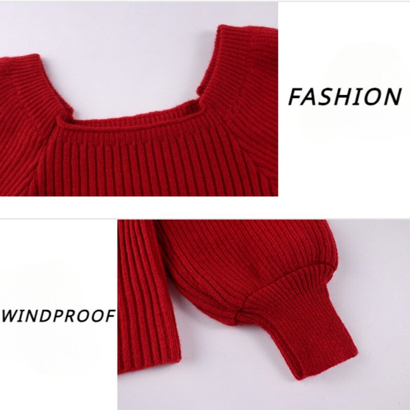 Szykowne dziane pulowery bufiaste rękawy damskie w stylu Vintage, wiatroszczelne, dopasowane, podstawowe topy damskie prosta w jednolitym kolorze sweter z dzianiny miękkie w stylu BF