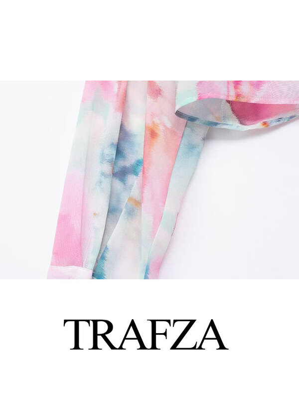 TRAFZA-Blusa con estampado para mujer, camisa de manga larga con cuello vuelto y lazo decorativo, bohemios, a la moda, para verano, 2024