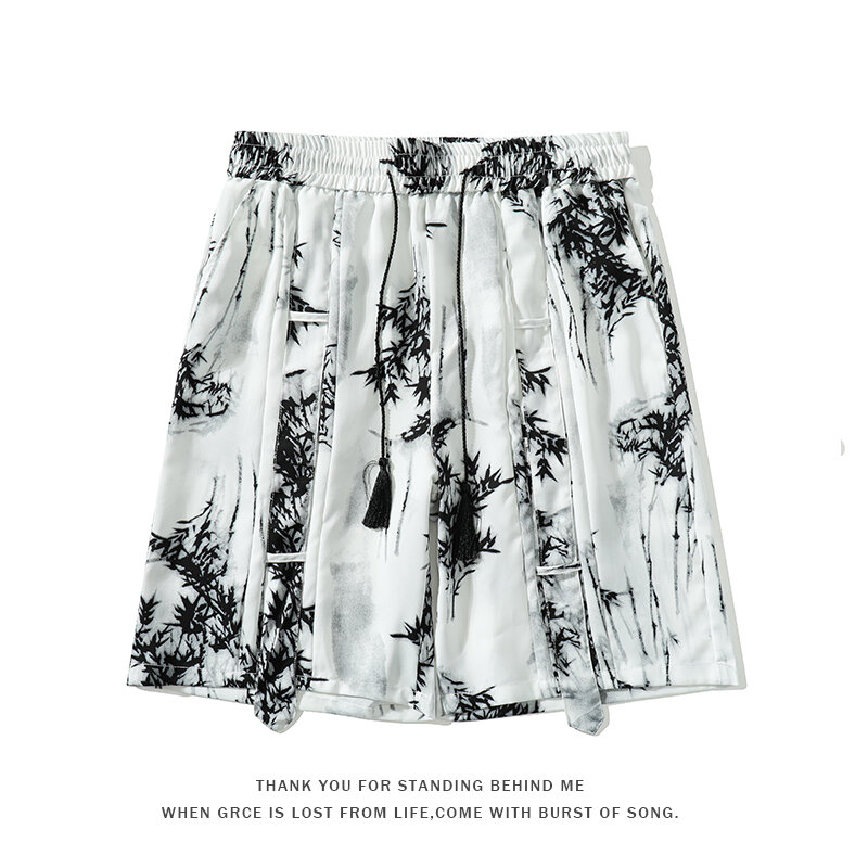 Ink Painting Pattern Shorts Summer Ice Pants Flutter Belt Draped Light Short Japanese Men's Casual Shorts