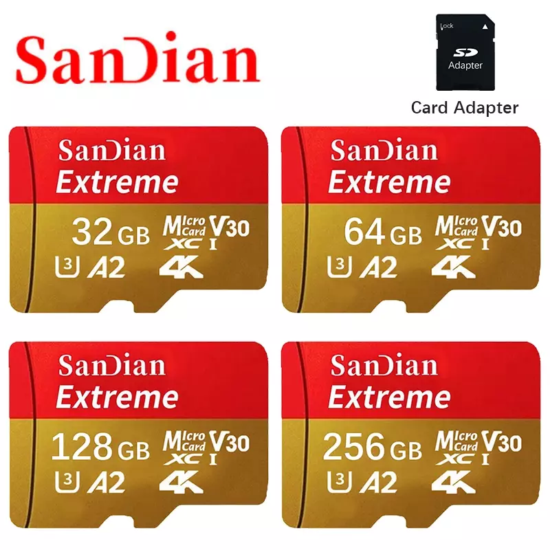 Sandian-cartão de memória micro sd para câmera, classe 10, 512gb, 1 também, 30 mb/s, a2, tf/sd, 100% original