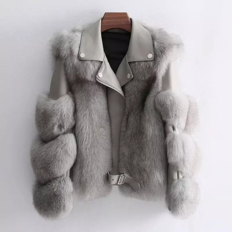 Mantel wanita bulu imitasi, mantel seragam motor bulu rubah imitasi, mantel muda musim gugur dan musim dingin 2023