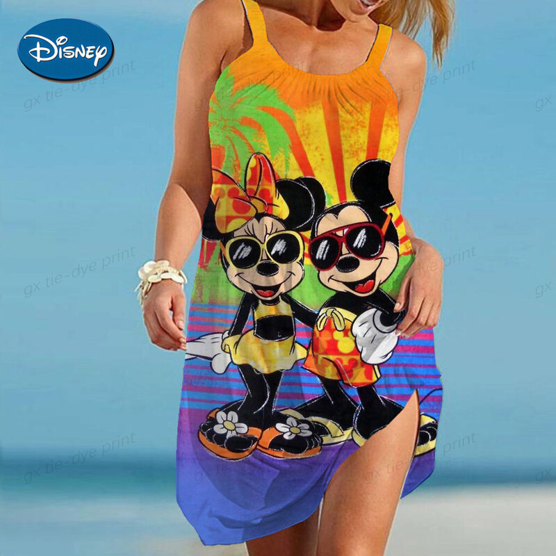 Disney Summer Dresses Woman 2024 Sleeveless Women's Dress Cartoon Print Sling Top Loose Sexy Minnie Mouse Boho Beach Print S-5XL
