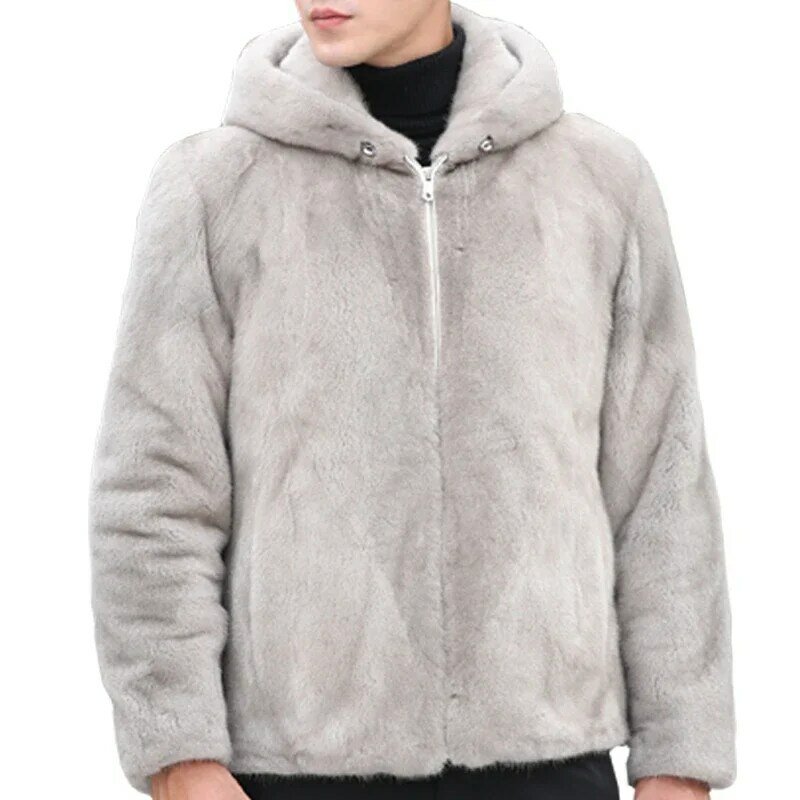 Silver Blue Natural Mink Fur Coat Men's Winter Hooded Real Fur Coats Male Short Whole Mink Velvet Fur Clothing Male Warm Clothes