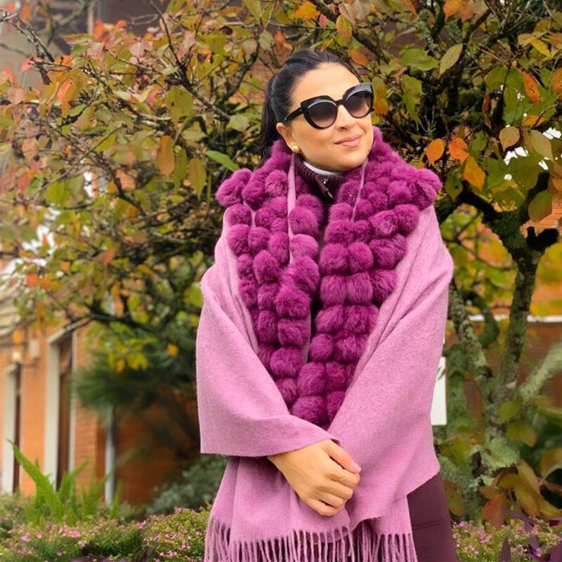 Bufanda de Pashmina de lana de Cachemira para mujer, chal de lana con pompones de piel de conejo Real para otoño e invierno, 2022