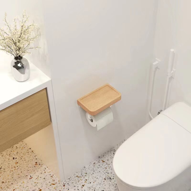 Toiletpapierrolhouder met houten dienblad Wandmontage Badkamerplank Eenvoudig te installeren