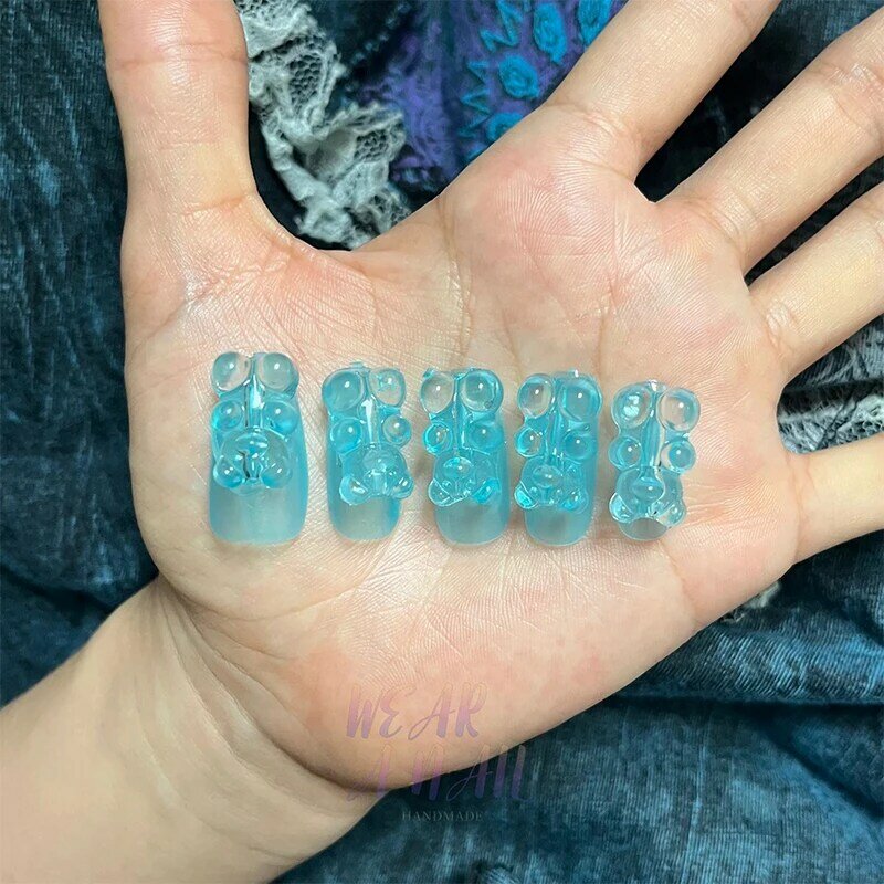 10Pcs y2k Ice Blue Handmade Press On Nails 3D Jelly Bear Decorate Fake Nails Full Cover  Wearable Artificial Nails Art Tips