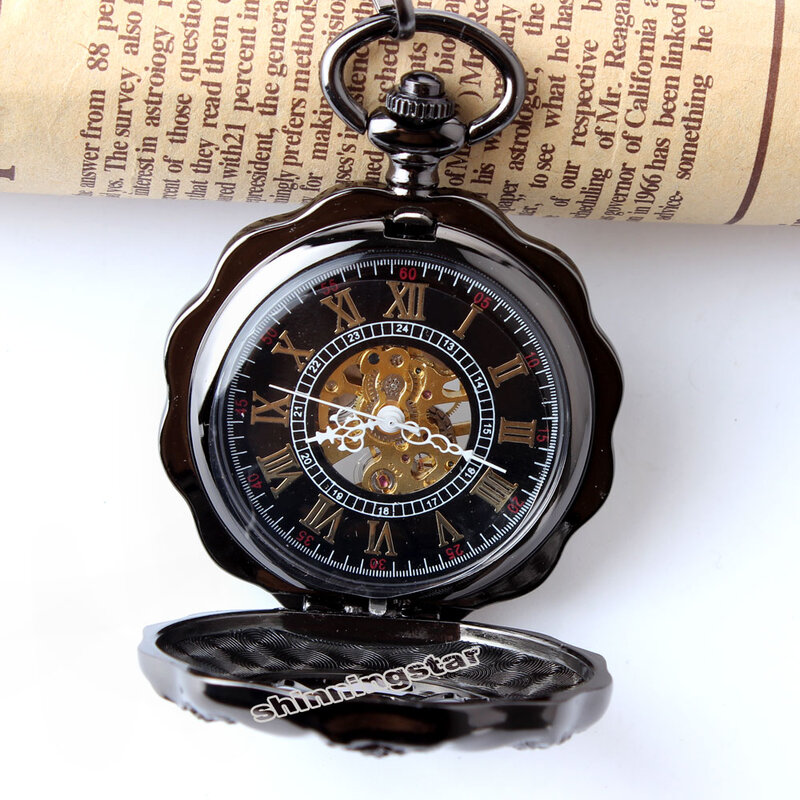 Czarny pełny stalowy Luminous mechaniczny zegarek kieszonkowy Steampunk Vintage Hollow analogowy szkieletowa dłoń nakręcany mechaniczny zegarek kieszonkowy