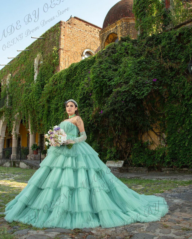 Kanusport Minze Ballkleid Quince anera Kleid elegante plissierte träger lose Tüll gestufte Vestidos de 15 Quinceañera Prinzessin Party kleider