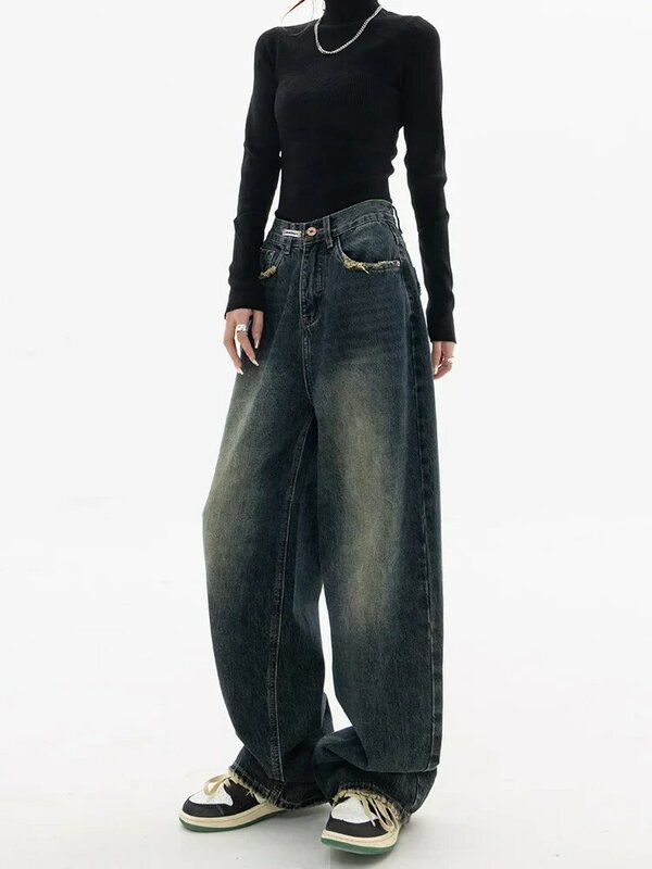 Женские винтажные уличные брюки, корейские мешковатые джинсы-карго с высокой талией, прямые широкие брюки, джинсовые брюки, одежда для гранжа и альта