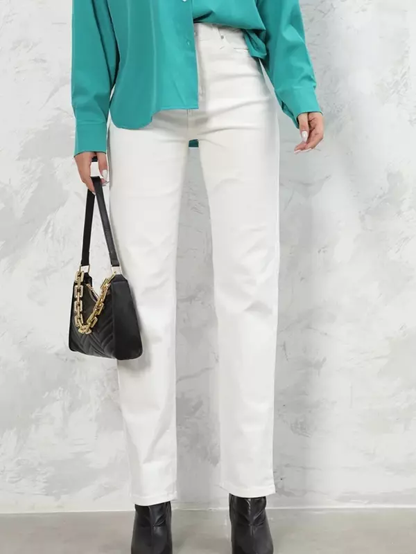 Pantalon en denim taille haute pour femme, jean blanc, jambe droite serrée, jambe large, style de rue rétro YK2, mode coréenne, automne