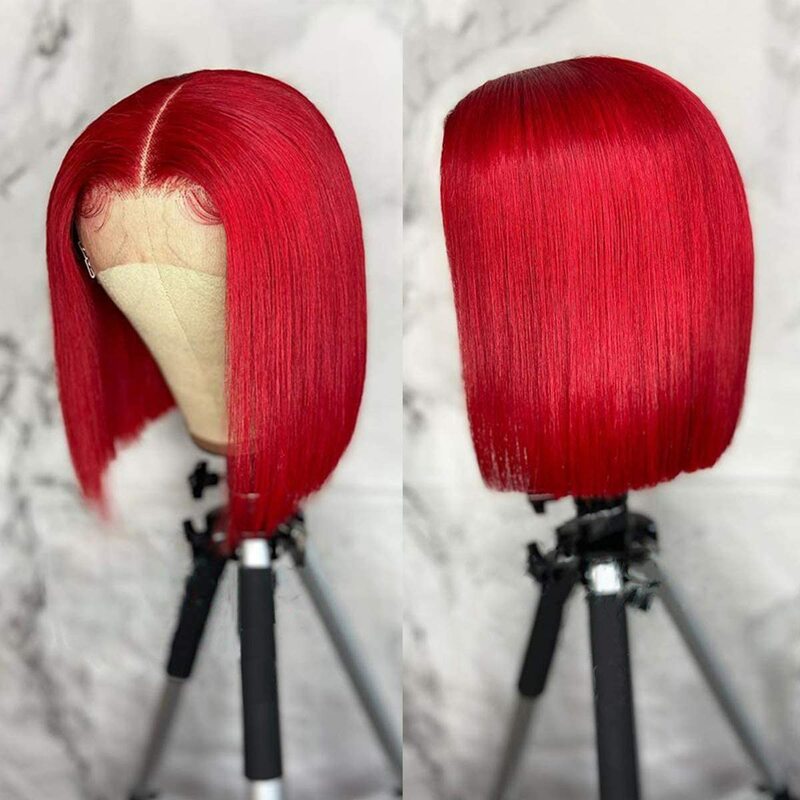 Wig Bob Merah Rambut Manusia Wig Renda Bob Pendek Lurus untuk Wanita Kulit Hitam Wig Rambut Manusia Brasil Telah Ditanami Diskon Wig Izin