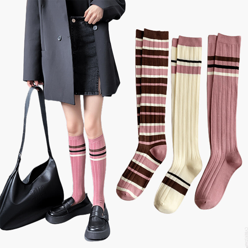 ถุงเท้าลายทางสีชมพูถุงเท้ายาวและเข่าถุงเท้าผ้าฝ้ายแบบเรียบง่ายสำหรับฤดูใบไม้ผลิ/ฤดูร้อน