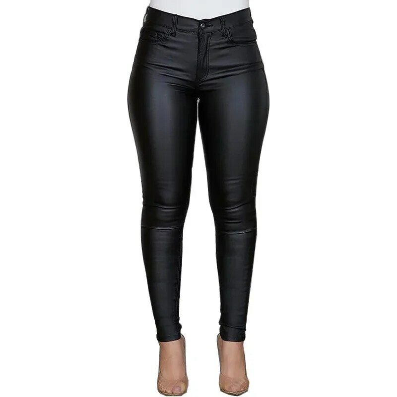 Pantalones vaqueros con empalme para mujer, pantalón de piel sintética de Color liso, Sexy, informal, YBF2-3, 2024