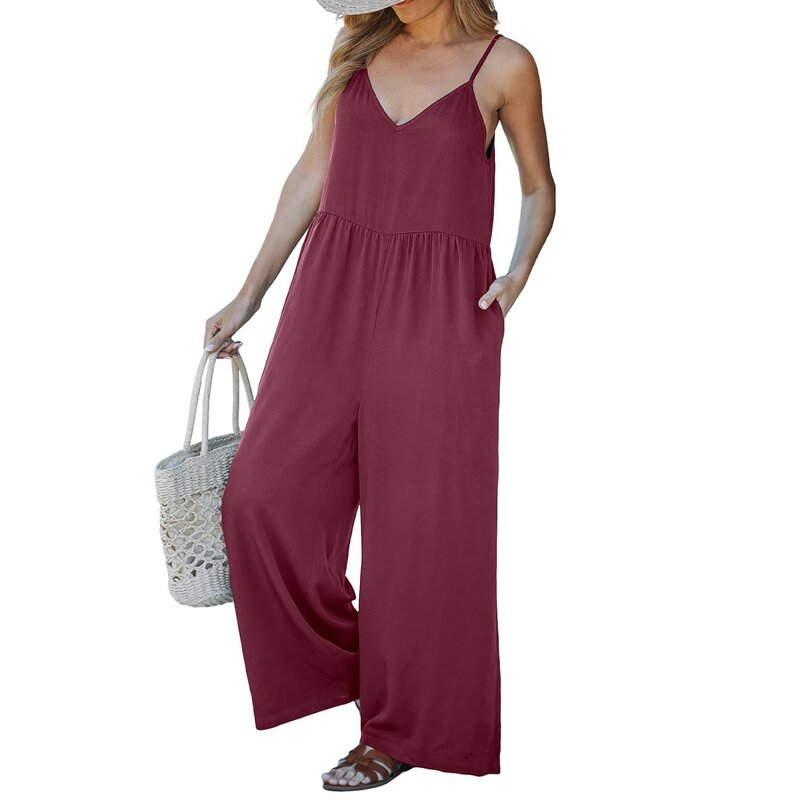 Wide Leg Jumpsuits For Women Solid Color Sleeveless Baggy Casual Jumpsuits Summer Casual Flowy Loose Spaghetti Strap Jumpsuits