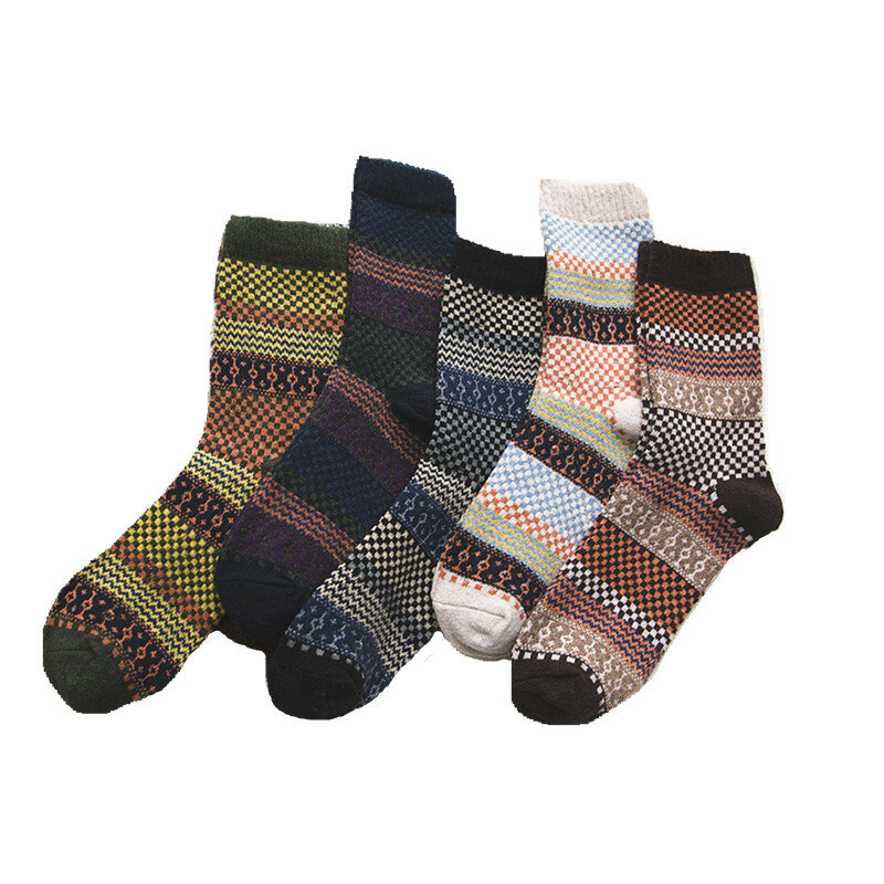 5 paires de chaussettes chaudes en laine pour hommes, automne et hiver dans le tube central, petites chaussettes carrées rétro de style ethnique pour ski
