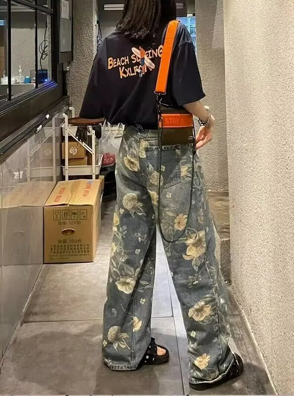 Jeans estampado com flores masculinas, jeans gráfico Y2K, cintura média gótica Harajuku, calças de perna reta, moda masculina coreana, 2024