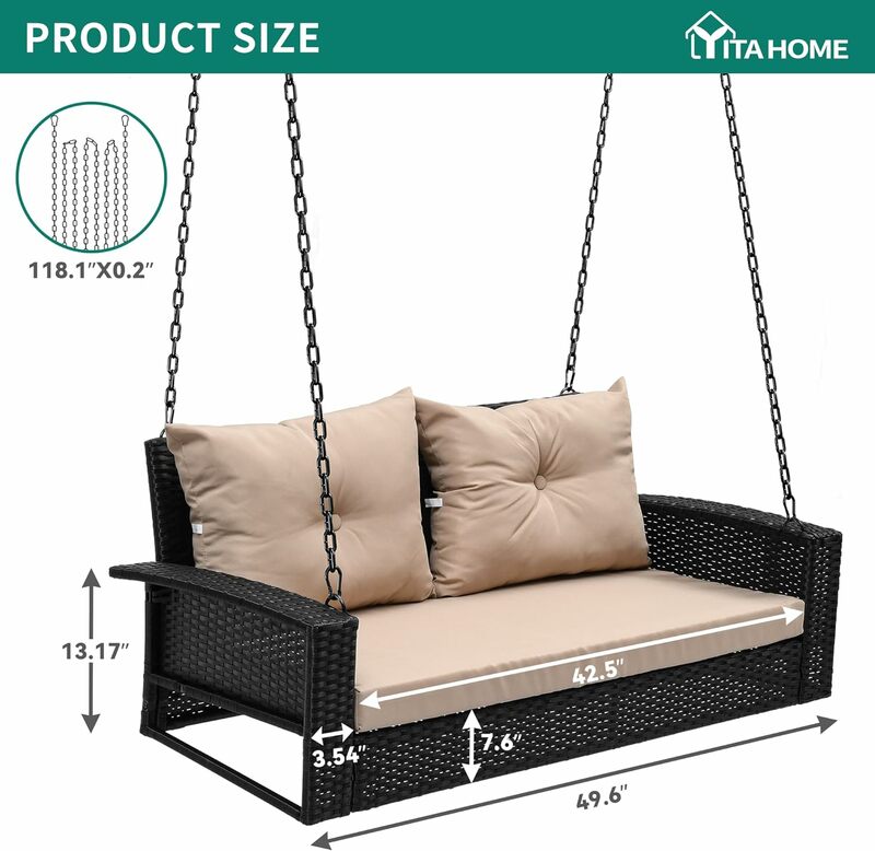 Wicker Hanging Porch Swing Chair Outdoor Black Rattan Patio Swing Lounge w/ 2 Back Cushions Capacity 530lbs for Balcony