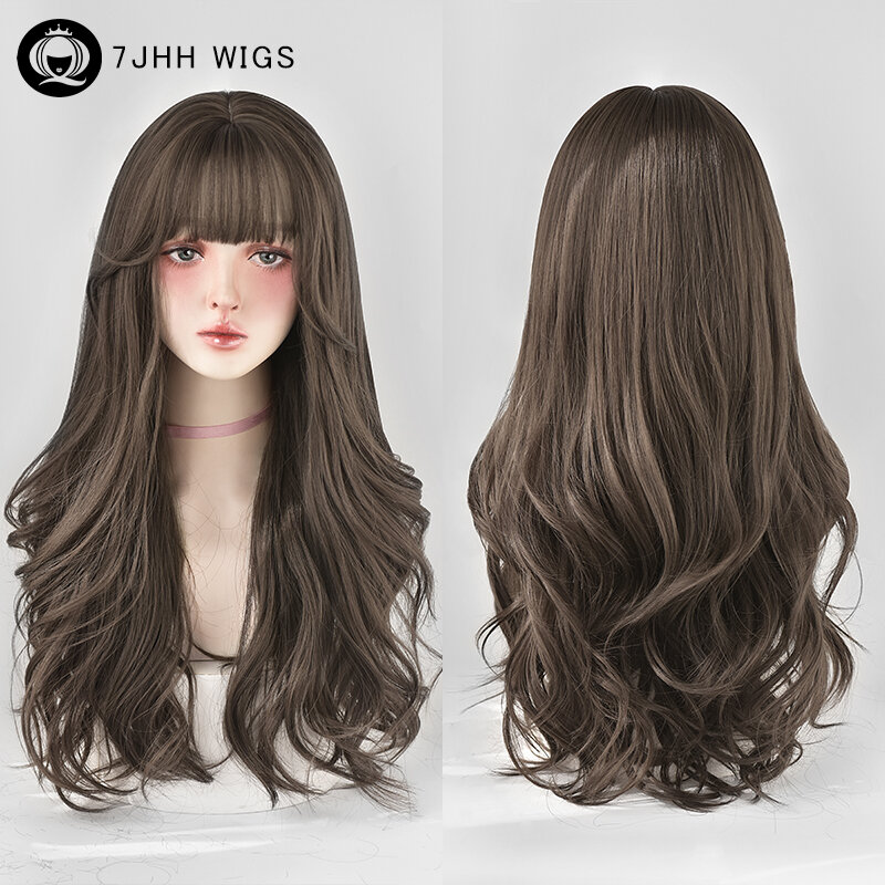 Wig 7JHH bergelombang tubuh longgar Wig cokelat keren dengan poni rapi ketebalan tinggi Wig rambut cokelat bergelombang sintetis untuk wanita tampilan alami