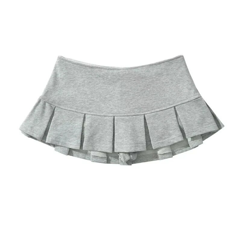HOUZHOU Terry Fabric Y2K Mini Skirt Women Low Waist Wide Pleat Light Grey Sexy Vintage A-line Pleated Skirt Casual Skort Summer