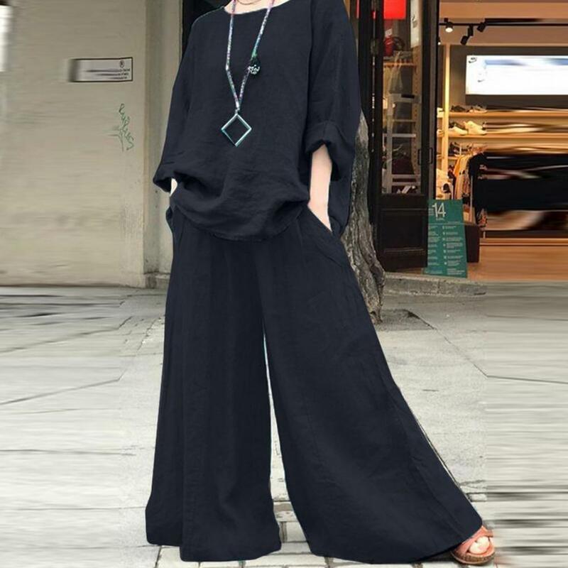 Lightweight T-shirt Pants Suit Stylish Mid-aged Women's Top Culottes Set with Loose T-shirt Wide Leg Pants Plus Size for Comfort