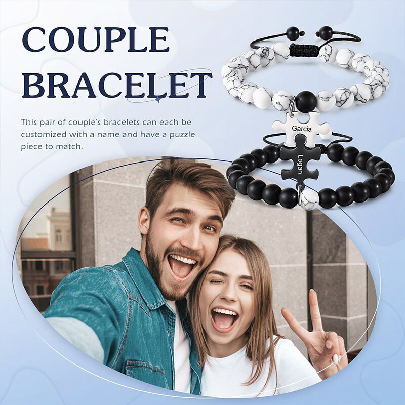 Personalized Engraved Name Adjustable Beaded Bracelet Custom Jigsaw Puzzle Couple Bracelets for Women Men Valentines Memory Gift