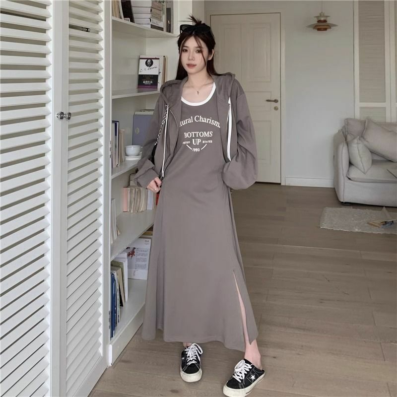 Gaun Slip wanita, kawat gigi rok gaun hoodie setelan 2 potong gaya Korea suspender Retro Y2k set baju olahraga Gaun panjang
