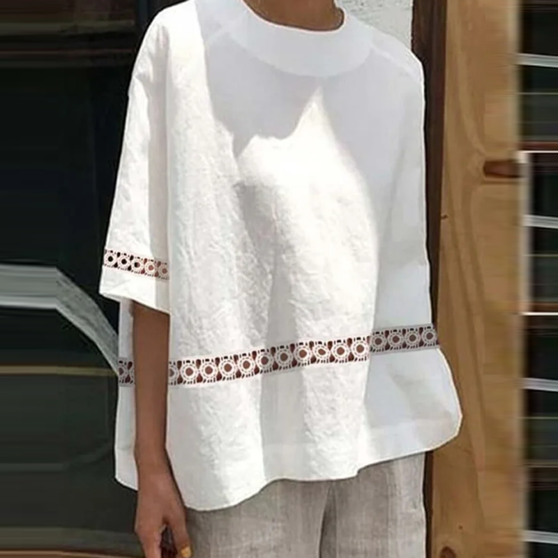 Blusa retrô casual de renda de algodão para mulheres, monocromática, meia manga, tops boho de praia, camisas de senhora de escritório, verão 2023