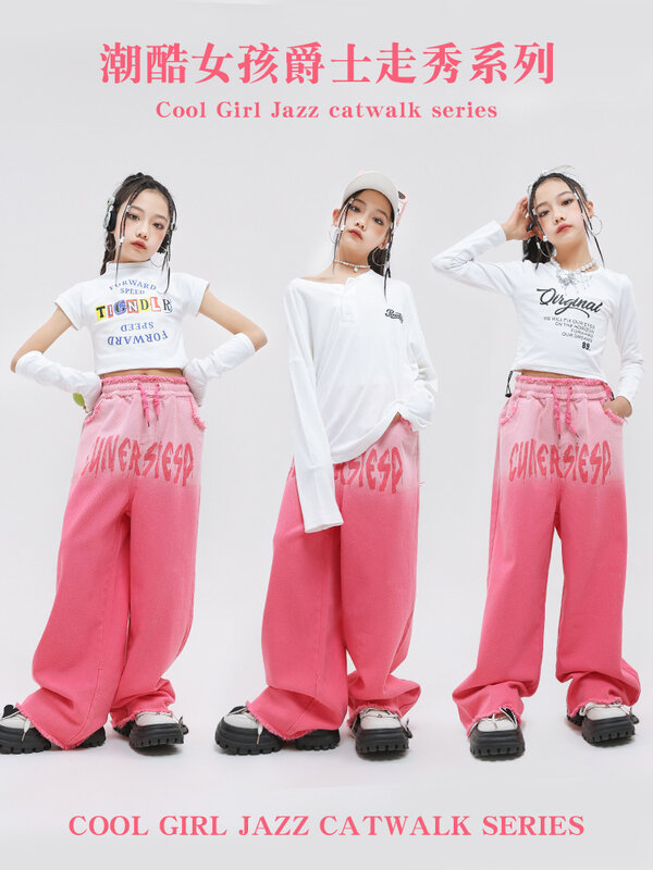 Hip Hop Girls Crop Top Pink Gradient Pants Kids Street Dance Sweatshirt Raw Edge Sweatpants Child Streetwear Jazz Clothes Sets