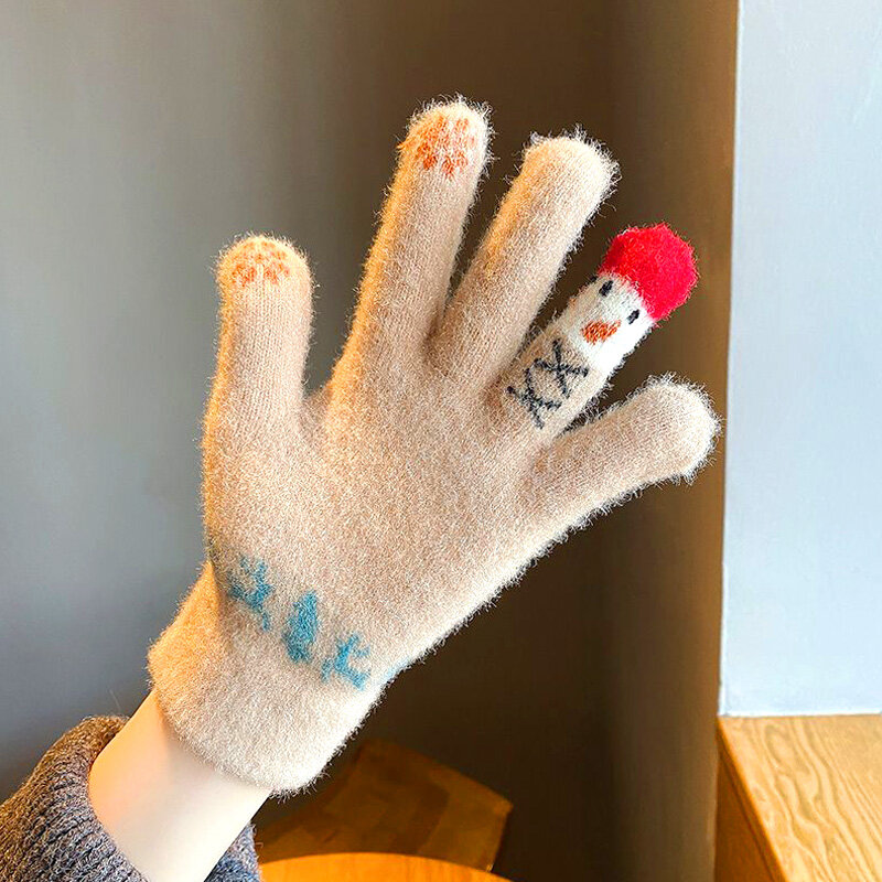 Sarung tangan hangat tebal musim gugur musim dingin untuk pria wanita sarung tangan manusia salju kecil rajut layar sentuh sarung tangan cantik tangan lima jari